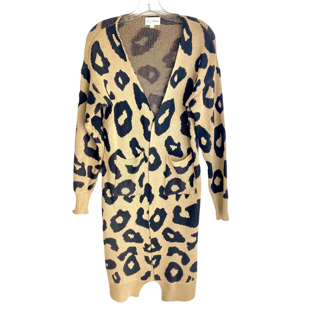 Love + Harmony Long Tan Black Animal Print Open Front Sweater Size Small